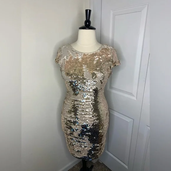 Reversible Champagne Sequin Midi Wiggle Dress | Color: Gold | Size: L